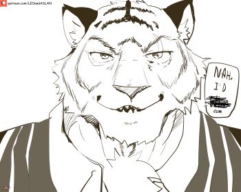 1boy absurdres animal_ears bara comic_panel_redraw derivative_work english_text fortnite furry furry_male greyscale highres jujutsu_kaisen leoandaslan_(leobongnana) looking_at_viewer male_focus mature_male meme monochrome muscular muscular_male nah_i&#039;d_win_(meme) open_mouth oscar_(fortnite) portrait promotional_art scribble sketch smile smug solo speech_bubble thick_eyebrows thick_neck tiger_boy tiger_ears white_background