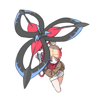 1girl black_flower blonde_hair blue_eyes bright_pupils brown_jacket closed_mouth commentary_request eyelashes floette floette_(eternal) flower gen_6_pokemon gradient_hair hair_bun highres jacket korean_commentary long_sleeves malryu mega_floette mega_pokemon multicolored_hair nintendo open_clothes open_jacket pokemon pokemon_(creature) pokemon_legends:_z-a red_hair shorts single_hair_bun smile split_mouth spoilers taunie_(pokemon) transparent_background white_pupils white_shorts