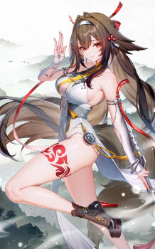 1girl animal_ears artist_name bare_shoulders black_shoes black_socks breasts brown_hair china_dress chinese_clothes chinese_commentary closed_mouth commentary_request detached_sleeves dress fox_ears fox_girl hairband hand_up high_heels highres large_breasts lightria long_hair long_sleeves looking_at_viewer outdoors red_eyes shoes sideboob sleeveless sleeveless_dress smile socks solo standing standing_on_one_leg thighs twitter_username very_long_hair white_dress white_hairband ye_shunguang zenless_zone_zero
