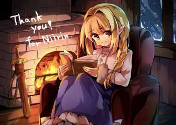 Rule 34 | 1girl, armchair, blonde hair, blue skirt, book, braid, braided ponytail, chair, closed mouth, commentary request, commission, commissioner name, english text, fire, fireplace, frilled skirt, frills, full body, fur trim, hair between eyes, hair intakes, heart, highres, holding, holding book, indoors, knees up, koxapfi4jyljb0d, long hair, long sidelocks, long skirt, long sleeves, looking at viewer, on chair, original, pointy ears, scabbard, sheath, sheathed, shirt, sidelocks, sitting, skeb commission, skirt, smile, snow, snowing, solo, spoken heart, sword, thank you, weapon, white shirt, window, yellow eyes