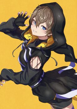 1girl alternate_costume arai_motoha black_gloves blue_eyes brown_hair commentary_request fingerless_gloves fingernails gloves grin hair_between_eyes halloween_costume highres hood hood_up persona persona_5 persona_5:_the_phantom_x purple_nails s-m-53413 short_hair simple_background smile solo yellow_background