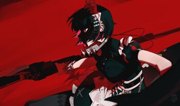 1girl absurdres black_dress black_hair black_pantyhose blurry blurry_foreground breasts colored_inner_hair commentary dress earclip ellen_joe english_commentary fins fish_tail frilled_wristband from_side hairband highres holding holding_weapon large_breasts looking_ahead maid_headdress metal_hairband multicolored_hair pantyhose razor_blade_hair_ornament red_background red_eyes scar scar_on_tail shaded_face shark_girl shark_tail short_hair solo spiked_headband tail weapon xize9247 zenless_zone_zero