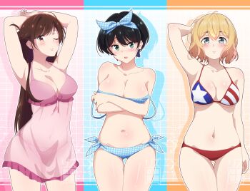 3girls armpits arms_up artist_request black_hair blonde_hair blue_eyes breasts brown_hair cleavage highres kanojo_okarishimasu large_breasts lingerie long_hair mizuhara_chizuru multiple_girls nanami_mami navel sarashina_ruka short_hair source_request swimsuit take_your_pick underwear