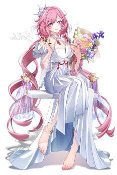1girl absurdres barefoot bouquet breasts chinese_commentary cleavage commentary_request diamond-shaped_pupils diamond_(shape) dress elysia_(herrscher_of_human:_ego)_(honkai_impact) elysia_(honkai_impact) feet flower highres holding holding_bouquet holding_flower honkai_(series) honkai_impact_3rd jingxinzhiyun large_breasts long_hair pink_hair purple_eyes red_flower red_rose rose simple_background smile solo symbol-shaped_pupils toes very_long_hair white_background white_dress