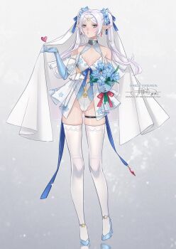 1girl alternate_costume artist_name bare_shoulders blowing_kiss blue_flower blue_footwear bouquet breasts bridal_lingerie bridal_veil bride character_name dress ear_piercing elbow_gloves elf flat_chest flower frieren full_body gloves green_eyes halterneck heart high_heels highleg highleg_leotard highres holding holding_bouquet instagram_logo large_breasts leotard lingerie long_hair looking_at_viewer parted_bangs patreon_logo piercing pointy_ears princess_ailish signature solo sousou_no_frieren standing thigh_strap thighhighs twitter_logo typo underwear veil watermark wedding_dress white_dress white_gloves white_hair white_thighhighs