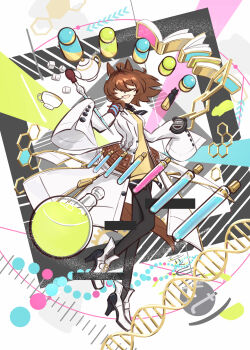 1girl absurdres agnes_tachyon_(umamusume) ahoge animal_ears black_necktie black_pantyhose black_shirt book brown_hair chemical_structure coat collared_shirt cork cup double_helix flask floating_hair hair_between_eyes hem_peeking_out high_heels highres holding_pasteur_pipette horse_ears horse_girl horse_tail huge_ahoge lab_coat necktie no_eyes open_book open_clothes open_coat open_mouth pantyhose pasteur_pipette round-bottom_flask shirt shoes short_hair short_necktie sleeves_past_fingers sleeves_past_wrists smile solo stopwatch sugar_cube sumikaracafe sweater tail teapot test_tube umamusume watch white_coat white_shoes wide_sleeves yellow_sweater