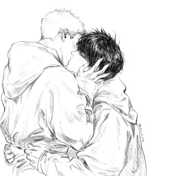 Rule 34 | 2boys, arms around waist, closed eyes, cuz0 689, greyscale, hand on another's face, hashtag-only commentary, highres, hood, hood down, hoodie, kiss, male focus, monochrome, multiple boys, rukawa kaede, sakuragi hanamichi, short hair, simple background, sketch, slam dunk (series), white background, yaoi