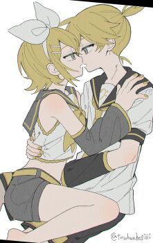 1boy 1girl aqua_eyes bare_shoulders bass_clef belt black_sailor_collar black_shorts black_sleeves blonde_hair bow bow_hairband commentary_request crop_top detached_sleeves eye_contact eyelashes face-to-face from_side grey_sailor_collar grey_shorts grey_sleeves hair_bow hair_ornament hairband hairclip hand_on_another's_back hand_on_another's_shoulder highres imminent_kiss kagamine_len kagamine_rin looking_at_another maca1227 midriff muted_colors narrow_waist neckerchief necktie on_floor parallel_hairclips ponytail profile sailor_collar shirt short_hair short_ponytail shorts sidelocks sitting sleeveless sleeveless_shirt treble_clef twitter_username unfinished vocaloid white_bow yellow_nails yellow_neckerchief yellow_necktie
