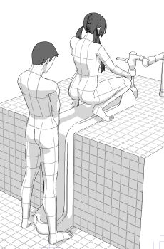 1boy 1girl absurdres ass bad_id bad_twitter_id barefoot commentary_request greyscale highres industrial_pipe long_hair monochrome nude original peeing peeing_together short_hair squatting standing tile_floor tile_wall tiles toes twintails urinal urinal_use velzhe wireframe