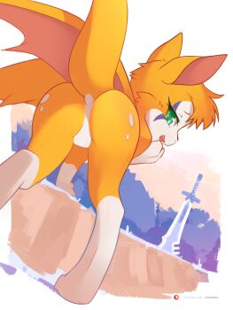 1girl ancesra animal_ears animal_feet animal_hands arm_support artist_name ass ass_focus bent_over body_fur border bush dust:_an_elysian_tail facial_mark fang female_focus fidget_(dust:_an_elysian_tail) from_behind furry furry_female green_eyes hand_to_own_mouth hand_up happy highres looking_at_viewer looking_back no_anus no_pussy null_bulge open_mouth orange_fur orange_hair outdoors outside_border patreon_username planted planted_sword planted_weapon short_hair smile snout solo sword tail tail_raised two-tone_fur watermark weapon web_address white_border white_fur wings