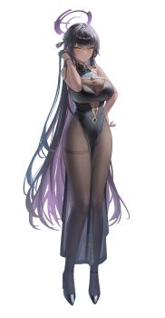 1girl absurdres alternate_costume black_dress black_footwear black_hair black_pantyhose blue_archive blush breasts china_dress chinese_clothes cleavage closed_mouth clothing_cutout colored_inner_hair crossed_bangs dark-skinned_female dark_skin dress expressionless full_body hair_between_eyes halo halter_dress halterneck hand_in_own_hair hand_on_own_hip high_heels highres karin_(blue_archive) large_breasts long_hair looking_at_viewer multicolored_hair navel_cutout one_side_up pantyhose pelvic_curtain purple_hair purple_halo ryu_o see-through_cleavage see-through_clothes simple_background sleeveless sleeveless_dress solo standing strappy_heels two-tone_hair very_long_hair white_background yellow_eyes