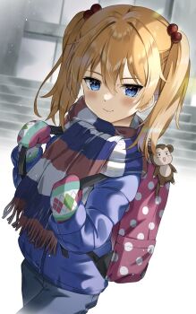 Rule 34 | 1girl, @shun, animal charm, backpack, bag, bag charm, blue eyes, blush, charm (object), closed mouth, cowboy shot, hair bobbles, hair ornament, highres, holding strap, jacket, long hair, looking at viewer, mittens, multicolored scarf, neon genesis evangelion, orange hair, outdoors, pink bag, scarf, smile, solo, souryuu asuka langley, stairs, standing, striped clothes, striped scarf, twintails, vertical-striped clothes, vertical-striped scarf, winter clothes