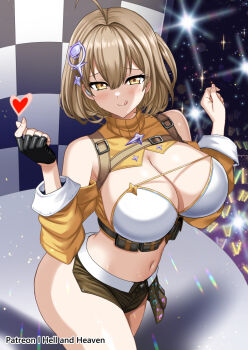 1girl ahoge anis_(nikke) black_gloves black_shorts breasts brown_eyes brown_hair cleavage commentary commentary_request crop_top crowd english_commentary fingerless_gloves gloves glowstick goddess_of_victory:_nikke heart hellandheaven holding holding_glowstick large_breasts licking_lips looking_at_viewer midriff mixed-language_commentary navel patreon_username short_hair short_shorts shorts solo_focus stage tongue tongue_out