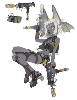 1girl absurdres bat_girl bat_wings black_jacket chinese_commentary claws commentary_request crop_top cropped_jacket fangs fishnet_top fishnets full_body fur-trimmed_jacket fur_trim furry furry_female gun head_wings high_heels highres holding holding_gun holding_weapon horns jacket jianpan_xiafang_de_da_kongge looking_at_viewer micro_shorts open_clothes open_jacket original short_hair shorts simple_background slit_pupils solo weapon white_background white_hair wings yellow_eyes