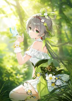 1girl absurdres alternate_costume bare_shoulders blurry blurry_background bow bug butterfly butterfly_on_hand chinese_commentary commentary_request day depth_of_field dress feixianji_(hairstyle) flower forest from_side grass green_eyes green_hairband green_ribbon grey_hair hair_between_eyes hair_flower hair_ornament hair_ribbon hair_rings hairband hand_up highres insect jewelry long_hair looking_at_viewer looking_to_the_side luo_tianyi miaoa_laoshi nature off-shoulder_dress off_shoulder outdoors parted_lips ribbon sitting solo sunlight thigh_strap tree vocaloid vsinger_(vocaloid) wariza white_dress white_flower wrist_cuffs