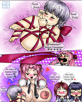 aleksander_nikolaevich_her blood blue_eyes dxoz engrish hairband highres lactation long_hair milk nosebleed oribe_mafuyu pink_hair ranguage red_eyes school_uniform seikon_no_qwaser short_hair shota silver_hair smile tsujidou_miyuri yamanobe_tomo