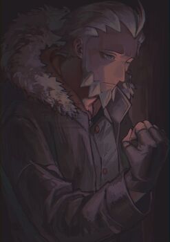 1boy absurdres beard black_gloves blue_eyes clenched_hand closed_mouth coat facial_hair fingerless_gloves fur-trimmed_hood fur_trim gloves grey_hair highres hood jacket l_(pokemon) long_sleeves lysandre_(pokemon) male_focus nintendo one_eye_closed pokemon pokemon_legends:_z-a sakaki_p24 shirt short_hair solo spoilers upper_body white_hair