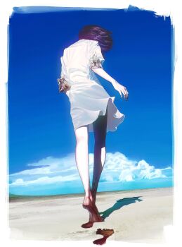 Rule 34 | 1girl, absurdres, barefoot, beach, blood, blood on clothes, blood on feet, bloody footprints, blue sky, border, chainsaw man, cloud, cloudy sky, commentary, day, dress, english commentary, floating hair, footprints, from behind, highres, medium hair, outdoors, purple hair, reze (chainsaw man), sand, shadow, sky, snowberryaki, solo, white border, white dress
