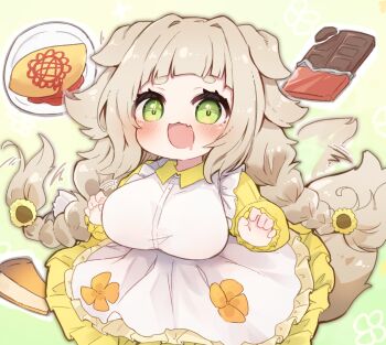 1girl animal_ears apron braid breasts chocolate collared_dress commentary_request dog_ears dog_girl dog_tail dress drooling fangs flower food forestia_~chiisana_machi_no_bokujou_life~ green_eyes hair_flower hair_ornament large_breasts long_hair low_twin_braids mouth_drool omelet omurice oppai_loli retory_(forestia) skin_fangs sunapua sunflower tail thick_eyebrows twin_braids white_apron yellow_dress