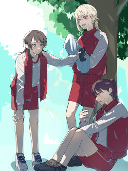 Rule 34 | 2girls, absurdres, bang dream!, bang dream! it's mygo!!!!!, black hair, black shoes, blonde hair, blue eyes, blush, bottle, chinese commentary, closed mouth, commentary request, commission, grey shoes, gym uniform, hair between eyes, highres, jacket, long sleeves, low ponytail, medium hair, misumi uika, mole, mole under eye, multiple girls, nanami (nunnun 0410), open mouth, ponytail, purple eyes, red jacket, red shorts, second-party source, shiina taki, shirt, shoes, shorts, sitting, standing, sweat, teeth, towel, tree, upper teeth only, white shirt, white shoes, yahata umiri, zipper pull tab