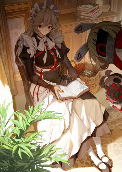 1girl 2others alexandrina_sebastiane anastella_(zenless_zone_zero) apron bangboo_(zenless_zone_zero) basket black_dress black_shoes book breasts brown_hair carpet chair closed_mouth commentary_request cup curtains dress drusilla_(zenless_zone_zero) gloves hair_between_eyes highres holding holding_book indoors knife large_breasts long_dress long_hair looking_to_the_side maid maid_apron maid_headdress mi_(630956686) multiple_others nail_polish on_chair painting_(object) pantyhose partially_fingerless_gloves pile_of_books plant potted_plant red_eyes shadow shoes sitting weapon white_pantyhose zenless_zone_zero