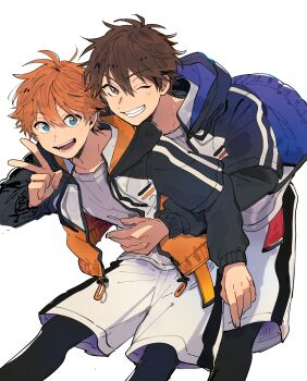 2boys akehoshi_subaru blue_eyes blue_jacket brown_hair commentary_request cowboy_shot ensemble_stars! grin hair_between_eyes hand_up highres hug hug_from_behind jacket long_sleeves male_focus mitobinyo morisawa_chiaki multicolored_jacket multiple_boys one_eye_closed open_clothes open_jacket open_mouth orange_hair orange_jacket red_eyes short_hair shorts simple_background smile teeth v white_background white_shorts yaoi