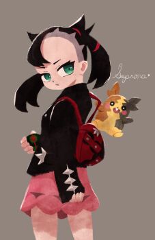 1girl asymmetrical_bangs backpack bag black_hair black_jacket closed_mouth commentary_request dress dusk_ball eyelashes forehead gen_8_pokemon green_eyes grey_background holding holding_poke_ball jacket long_sleeves looking_back marnie_(pokemon) morpeko morpeko_(full) nintendo pink_dress poke_ball pokemon pokemon_(creature) pokemon_swsh red_bag seyana_(seyanaillust) signature simple_background twintails undercut