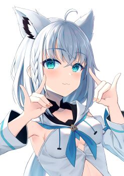 1girl absurdres ahoge animal_ear_fluff animal_ear_piercing animal_ears aqua_eyes aqua_neckerchief aqua_trim braid breasts closed_mouth collarbone commentary_request detached_sleeves double_fox_shadow_puppet extra_ears fingernails fox_ears fox_girl fox_shadow_puppet front_slit highres hololive long_sleeves medium_breasts neckerchief nenechi shirakami_fubuki shirakami_fubuki_(1st_costume) shirt simple_background sleeveless sleeveless_shirt solo virtual_youtuber white_background white_hair white_shirt wide_sleeves