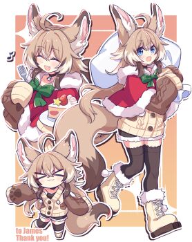 >_< 1girl absurdres ahoge animal_ear_fluff animal_ears artist_request black_choker black_thighhighs blue_eyes boots bow bowtie brown_hair cake cake_slice capelet choker closed_eyes colored_tips fang fluffen_(vtuber) food fork fur-trimmed_boots fur-trimmed_capelet fur_trim green_bow green_bowtie highres holding holding_fork holding_sack indie_virtual_youtuber long_hair multicolored_hair musical_note open_mouth red_capelet sack second-party_source sleeves_past_fingers sleeves_past_wrists thank_you thighhighs virtual_youtuber white_hair