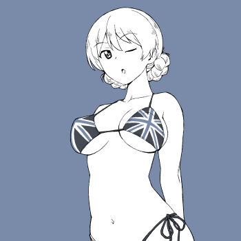 1girl arms_behind_back bikini braid braided_bun breasts cleavage darjeeling_(girls_und_panzer) flag_print girls_und_panzer hair_bun half-closed_eye highres large_breasts legs looking_at_viewer monochrome navel one_eye_closed onsen_tamago_(hs_egg) open_mouth side-tie_bikini_bottom sideboob solo swimsuit thighs thong_bikini tongue underboob union_jack union_jack_bikini