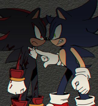 2boys angry animal_ears animal_nose black_fur blood blue_fur clenched_hand clenched_teeth dark_persona dark_sonic eye_contact furry furry_male gloves hedgehog_boy highres looking_at_another male_focus multiple_boys pointing pointing_at_another red_eyes shadow_the_hedgehog simple_background sonic_(series) sonic_the_hedgehog sonic_x tail teeth unneul white_gloves