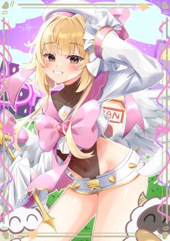 1boy absurdres beatmania_iidx bemani black_eyes blonde_hair clenched_teeth hat heart highres long_hair looking_at_viewer magical_boy oukei pink_ribbon ribbon smile solo teeth trap white_hat wings