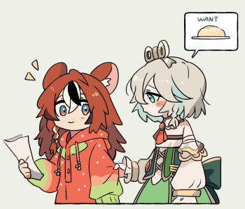 Rule 34 | 2girls, animal ears, black hair, blue eyes, blush, cecilia immergreen, cecilia immergreen (1st costume), corset, fongban illust, green corset, green eyes, green hair, green streaks, hakos baelz, highres, holocouncil, holojustice, hololive, hololive english, hood, hoodie, mouse ears, mouse girl, multicolored hair, multiple girls, red hair, romper, short hair, smile, strapless romper, streaked hair, virtual youtuber, white background, white hair, winding key