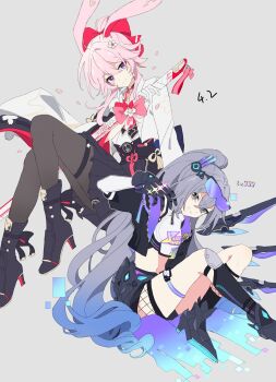 Rule 34 | 2girls, animal ears, bow, coattails, commentary, drill hair, english commentary, evanescia (honkai: star rail), eyewear on head, fishnets, floral print, flower, fox ears, grey eyes, grey hair, grin, highres, honkai: star rail, honkai (series), infinity gauntlet, ki ii37, long hair, midriff, multiple girls, pantyhose, pink hair, platform heels, purple eyes, shorts, silver wolf (honkai: star rail), silver wolf (lv.999) (honkai: star rail), simple background, skirt, smile, tailcoat, thigh strap, turtleneck, very long hair