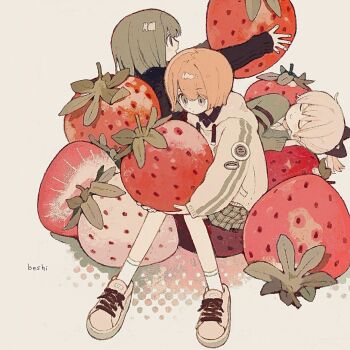 3girls artist_name closed_eyes food fruit highres holding holding_food holding_fruit hood hood_down hoodie ka_(996beshi) long_sleeves lying mini_person minigirl miniskirt multiple_girls original shoes short_hair signature sitting skirt sneakers strawberry