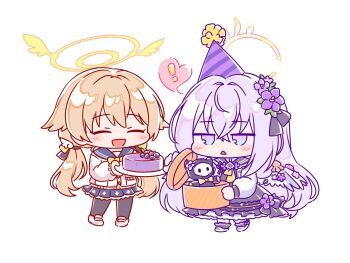 ! 2girls :d azusa_(blue_archive) blue_archive cake chibi closed_eyes female_focus flower food hair_flower hair_ornament halo hat heart hifumi_(blue_archive) highres kaoling long_hair multiple_girls open_mouth party_hat school_uniform simple_background skull_man_(blue_archive) smile twintails white_background white_hair wing_hair_ornament yellow_halo
