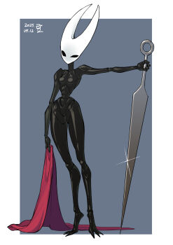 Rule 34 | 1girl, absurdres, arthropod girl, arthropod limbs, black skin, breasts, chitin, clawed feet, cloak, colored skin, highres, holding, holding cloak, holding needle, holding weapon, hollow knight, hollow knight: silksong, hornet (hollow knight), mask, needle, needle (hollow knight), needle sword, no nipples, no pussy, nude, ranger squirrel, red cloak, small breasts, uneven eyes, weapon