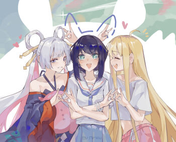 Rule 34 | 3girls, ^ ^, ahoge, blonde hair, blue hair, blue nails, blue neckerchief, blush, bracelet, cho kaguya-hime!, closed eyes, colored inner hair, commentary request, cropped shirt, crossed arms, drawn ears, fox shadow puppet, green eyes, grin, hair ornament, hair rings, hair stick, heart, japanese clothes, jewelry, kaguya (cho kaguya-hime!), kimono, kirifu (kirifu114514), looking at viewer, midriff, mole, mole under eye, multicolored hair, multiple girls, nail polish, neckerchief, pink hair, runami yachiyo, sailor collar, sailor shirt, sakayori iroha, school uniform, serafuku, shirt, sideways mouth, smile, upper body, white hair, white shirt