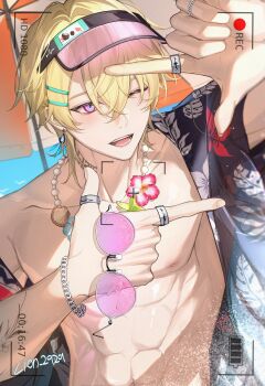 absurdres aventurine_(honkai:_star_rail) black_shirt blonde_hair commentary earrings floral_print_shirt hair_between_eyes highres holding holding_removed_eyewear honkai:_star_rail honkai_(series) jewelry lion_2929 male_focus muscular muscular_male neck_tattoo necklace nipples one_eye_closed open_clothes open_mouth open_shirt pink-framed_eyewear pink_eyes ring shirt short_hair symbol-only_commentary tattoo topless_male unworn_eyewear visor_cap