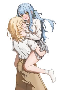 2girls bang_dream! bang_dream!_it's_mygo!!!!! blonde_hair blush braid brown_skirt carrying carrying_person closed_eyes commentary dong_(pixiv_81492032) green_ribbon grey_skirt hair_ribbon highres long_hair long_sleeves medium_hair misumi_uika multiple_girls no_shoes open_mouth plaid_clothes plaid_skirt pleated_skirt ribbon shirt short_sleeves sidelocks simple_background skirt socks teeth togawa_sakiko two_side_up white_background white_shirt white_socks yellow_eyes yuri