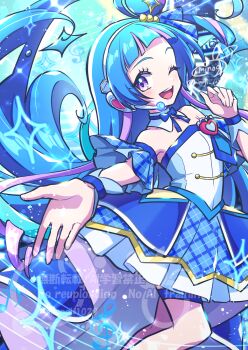 Rule 34 | 1girl, aokaze nana, aqua hair, bare shoulders, blue skirt, blue theme, blush, breasts, brooch, closed mouth, collarbone, commentary request, cure wink, dress, headset, heart, heart brooch, highres, idol, idol clothes, idol heart brooch (precure), idol heart incom, jewelry, kimi to idol precure, long hair, looking at viewer, medium breasts, minogi1029, multicolored hair, one eye closed, plaid clothes, plaid skirt, plaid sleeves, precure, purple eyes, purple hair, short sleeves, skirt, smile, solo, strapless, strapless dress, thigh strap, very long hair, watermark