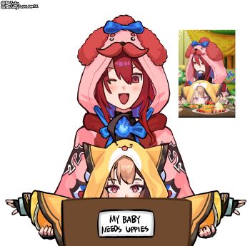 Rule 34 | 2girls, absurdres, ahoge, artist name, blaparky, blue fire, blue hair, bobby (elizabeth rose bloodflame), brown hair, capelet, colored inner hair, commentary, elizabeth rose bloodflame, english commentary, eyebrows hidden by hair, fire, fire on chest, gigi murin, grem (gigi murin), highres, holding another's arm, hololive, hololive english, hood, hood up, hooded capelet, long hair, looking at viewer, multicolored hair, multiple girls, one eye closed, outstretched arms, pink capelet, pink eyes, red eyes, red hair, short hair, simple background, twitter username, two-tone hair, very long hair, virtual youtuber, white background, yellow capelet