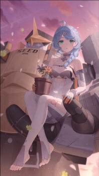 1girl 1other :o absurdres ahoge bare_shoulders blue_flower blue_hair bra braid breasts choker clothing_cutout cloud cloudy_sky clover commentary commentary_request elbow_gloves english_commentary flower flower_hairpin flower_pot four-leaf_clover full_body gloves green_eyes grey_choker hair_over_shoulder highres holding holding_flower_pot long_hair looking_at_viewer medium_breasts mixed-language_commentary mole mole_on_shoulder mrotan multicolored_gloves no_shoes open_mouth orange_flower orange_gloves seed_(zenless_zone_zero) seed_sr. side_part single_braid sitting sky strapless strapless_bra toeless_legwear two-tone_gloves underwear white_gloves white_petals zenless_zone_zero