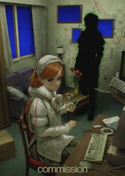 1girl 1other absurdres box chair computer computer_keyboard computer_mouse couch crt curtains desk digital_media_player down_jacket down_vest flower highres holding indoors jacket kanikumi_toi lamp long_hair looking_at_viewer orange_hair original phone silhouette sitting table weirdcore window