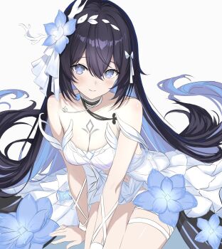 1girl bare_shoulders black_hair blue_eyes blue_hair breast_tattoo breasts colored_inner_hair commentary_request dress flower hair_flower hair_ornament highres honkai_(series) honkai_impact_3rd large_breasts long_hair looking_at_viewer multicolored_hair seele_vollerei seele_vollerei_(herrscher_of_rebirth) simple_background smile solo tattoo two-tone_hair unifox0123 very_long_hair white_background white_dress