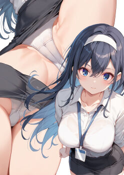 1girl blue_eyes blue_hair bra_visible_through_clothes breasts cameltoe collarbone collared_shirt commentary hairband highres id_card lanyard large_breasts long_hair looking_at_viewer multiple_views office_lady original panties pantyshot pencil_skirt rikudou_inuhiko shirt skirt solo symbol-only_commentary underwear upskirt white_hairband white_panties white_shirt