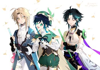 3boys absurdres ahoge androgynous aqua_hair arm_guards arm_tattoo armor asymmetrical_clothes bead_necklace beads bell beret black_bow black_bowtie black_gloves black_hair black_pants blonde_hair blue_hair blue_robe bow bowtie bracelet braid cape chinese_clothes chinese_commentary closed_mouth collared_cape corset crossed_arms crossover detached_sleeves dizi elbow_gloves facial_mark falling_leaves fingerless_gloves flower flute forehead_mark frilled_sleeves frills genshin_impact ginkgo_leaf gloves gradient_hair green_cape green_eyes green_gloves green_hair green_hat green_shorts hair_between_eyes hat hat_flower highres holding holding_flute holding_instrument honkai:_star_rail honkai_(series) instrument jewelry jingle_bell kayu_(yukagoin) leaf long_hair long_sleeves looking_at_another male_focus mandarin_collar multicolored_hair multiple_boys necklace one_eye_closed open_mouth pants pantyhose parted_bangs ponytail purple_ribbon ribbon robe shirt short_hair_with_long_locks shorts shoulder_armor shoulder_pads shoulder_spikes simple_background single_bare_shoulder single_detached_sleeve single_wide_sleeve sleeveless sleeveless_shirt smile spikes tassel tattoo thigh_strap transverse_flute twin_braids twitter_username two-tone_hair venti_(genshin_impact) vision_(genshin_impact) white_background white_flower white_pants white_pantyhose white_shirt white_sleeves wide_sleeves xiao_(genshin_impact) yanqing_(honkai:_star_rail) yellow_eyes