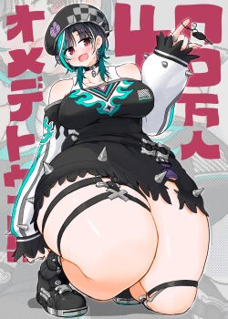 1girl belt beret black_boots black_choker black_dress black_hair black_hat blush boots breasts car_keys choker detached_sleeves dress earrings fang green_hair grey_background hat hololive hololive_dev_is japanese_text jewelry kneeling kono_(konomi9a) large_breasts mole mole_on_neck multicolored_hair multiple_rings o-ring o-ring_thigh_strap open_mouth pendant_choker plump red_eyes rindo_chihaya ring short_hair skin_fang skindentation smile solo spikes steering_wheel tank_top thick_thighs thigh_focus thigh_strap thighs torn_clothes torn_dress virtual_youtuber white_hair white_tank_top wide_hips wolf_cut