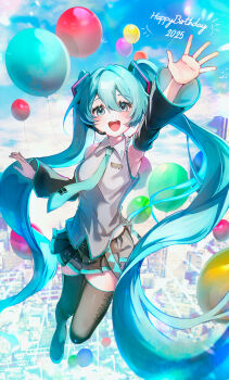 1girl 2025 :d absurdres amanomiya_megu arm_up black_boots black_skirt black_sleeves blue_eyes blue_hair blue_necktie blue_trim blush boots collared_shirt day detached_sleeves floating_hair full_body grey_shirt hair_between_eyes hair_intakes happy_birthday hatsune_miku headphones headset highres long_hair microphone miniskirt necktie open_mouth outdoors outstretched_arm pleated_skirt shirt skirt sleeveless sleeveless_shirt smile solo thigh_boots thighhighs twintails very_long_hair vocaloid wing_collar zettai_ryouiki