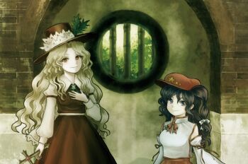2girls bad_source bare_shoulders black_hair breasts brown_hat brown_skirt brown_vest cowboy_shot cross dolls_in_pseudo_paradise frilled_hat frills grey_eyes hat hat_feather hat_ornament holding holding_cross jacket_girl_(dipp) juliet_sleeves katari label_girl_(dipp) long_hair long_sleeves medium_breasts multiple_girls puffy_sleeves red_hat red_ribbon red_skirt ribbon round_window shirt side_ponytail sitting skirt standing star_(symbol) star_hat_ornament touhou very_long_hair vest wavy_hair white_shirt wide_sleeves window